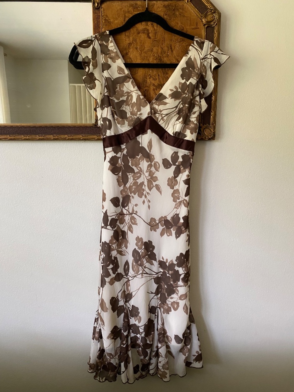 Vintage y2k White Brown Flutter Sleeve Midi Dress Boho Fairy Size 4